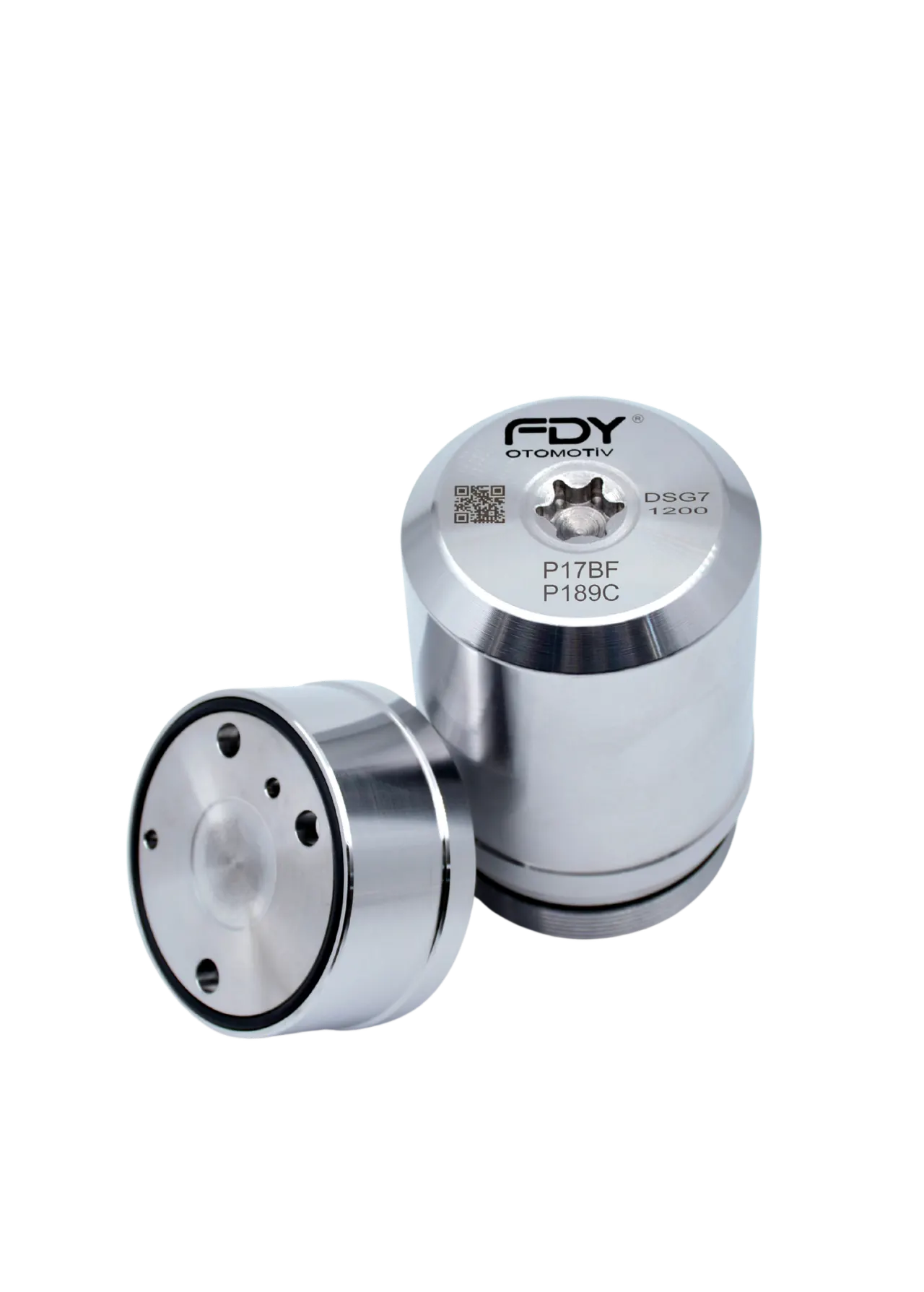 FDY reinforced DSG 7 pressure accumulator next to its cup with pre-installed O-ring, cap marked P17BF and P189C