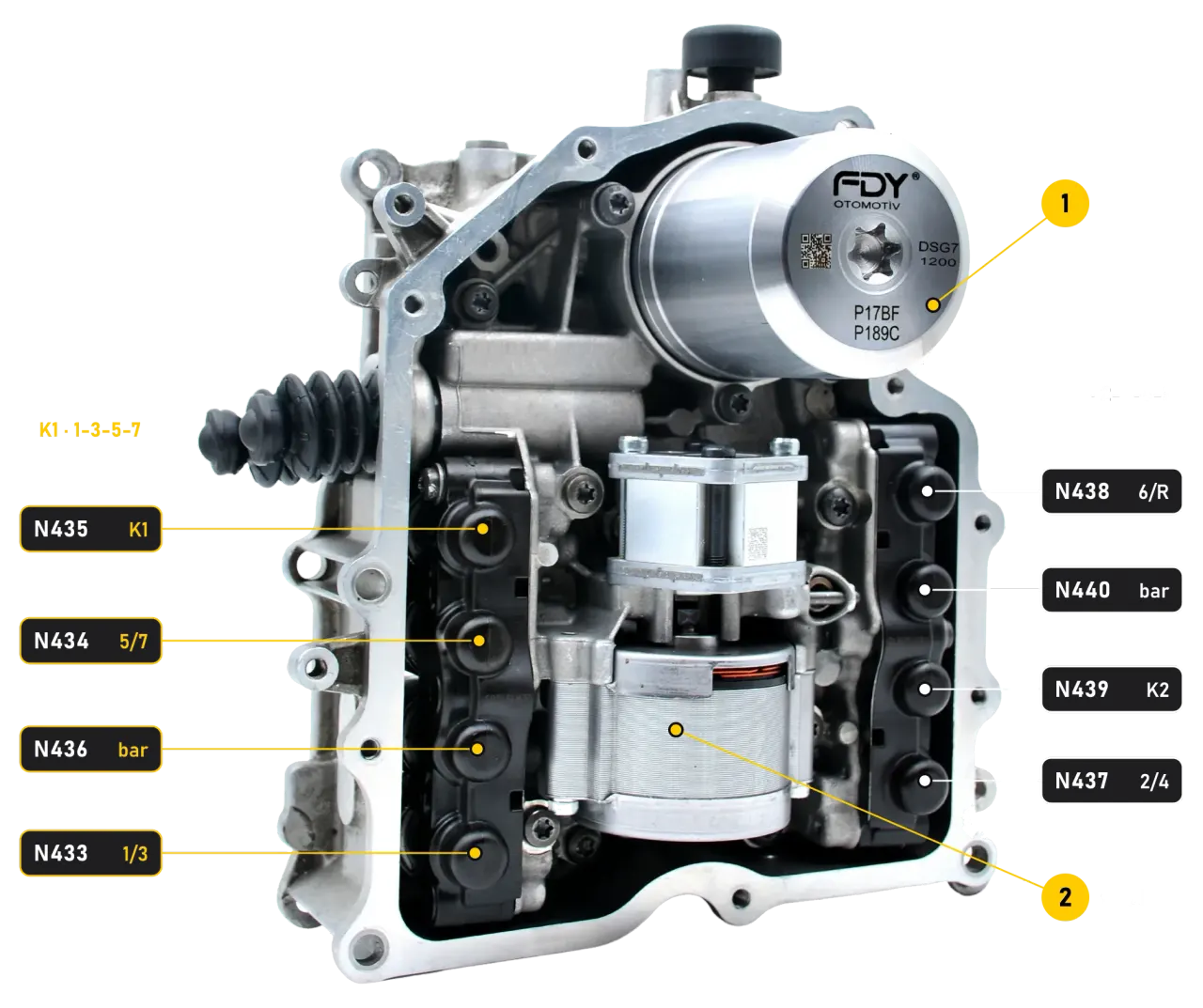 DQ200 mechatronic map: positions of solenoid valves N433–N440, the V401 hydraulic pump and the pressure accumulator