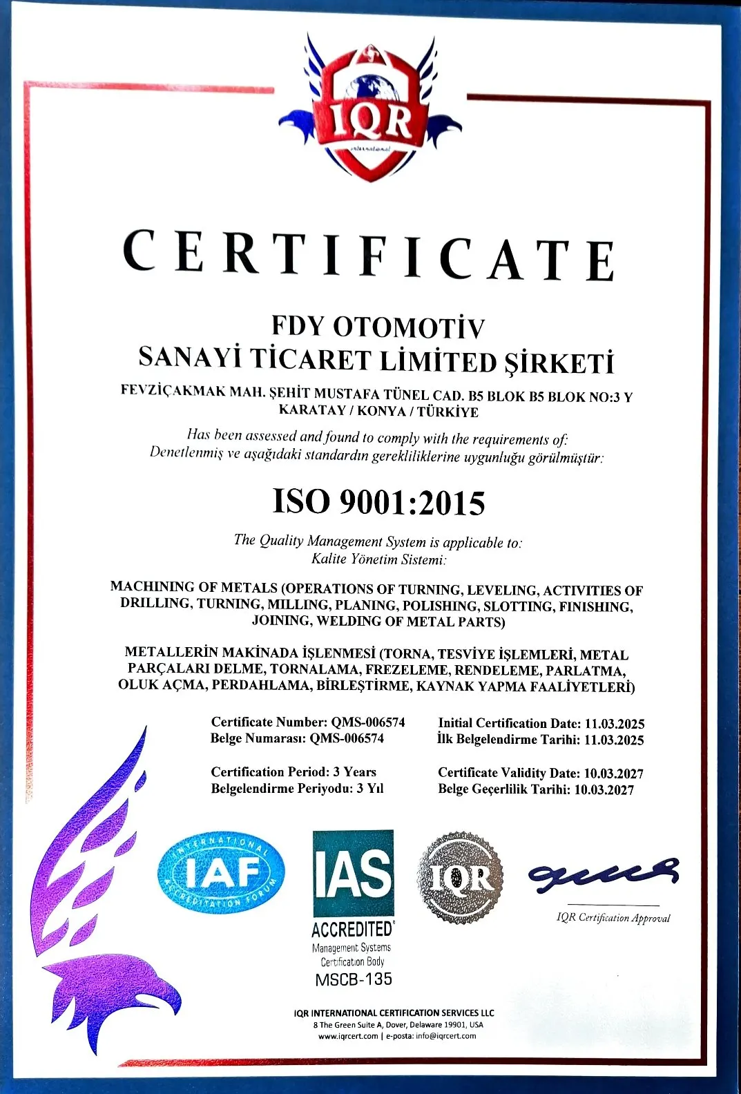 FDY Automotive ISO certificate — photo 1